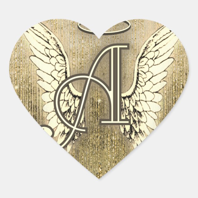 Gold Angel Wings Heart Letter A Heart Sticker (Front)