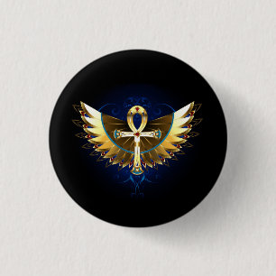 Gold Ankh with Wings 3 Cm Round Badge