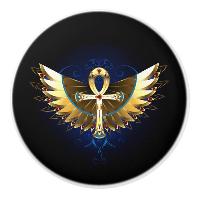 Gold Ankh with Wings Ceramic Knob (Front)