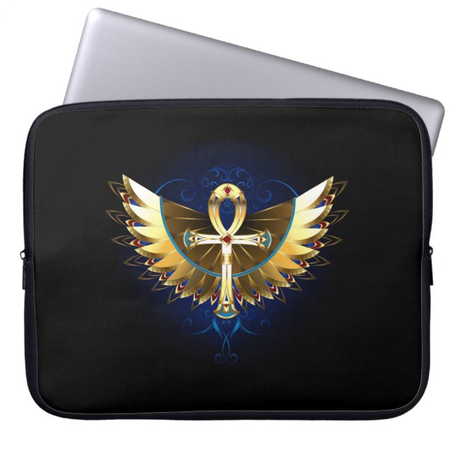 Gold Ankh with Wings Laptop Sleeve (Front)
