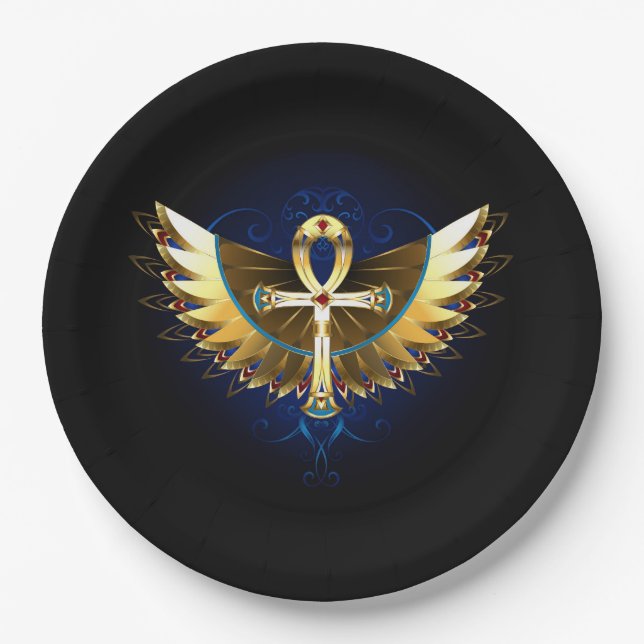 Gold Ankh with Wings Paper Plate (Front)