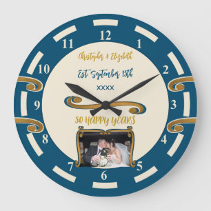 Gold Anniversary 50 years add names photo blue Large Clock
