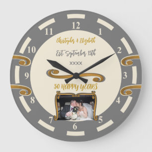 Gold Anniversary 50 years add names photo grey Large Clock