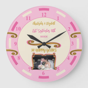 Gold Anniversary 50 years add names photo pink Large Clock