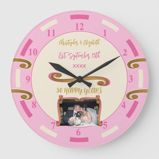 Gold Anniversary 50 years add names photo pink Large Clock (Front)