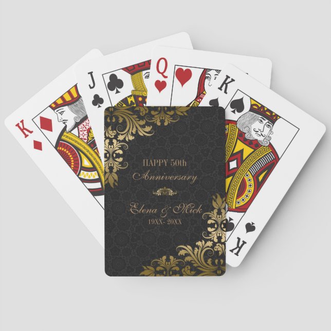 Gold Anniversary- Black Damask Gold Swirls Playing Cards (Back)