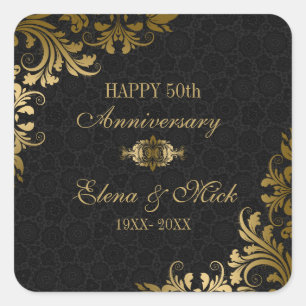 Gold Anniversary- Black Damask Gold Swirls Square Sticker