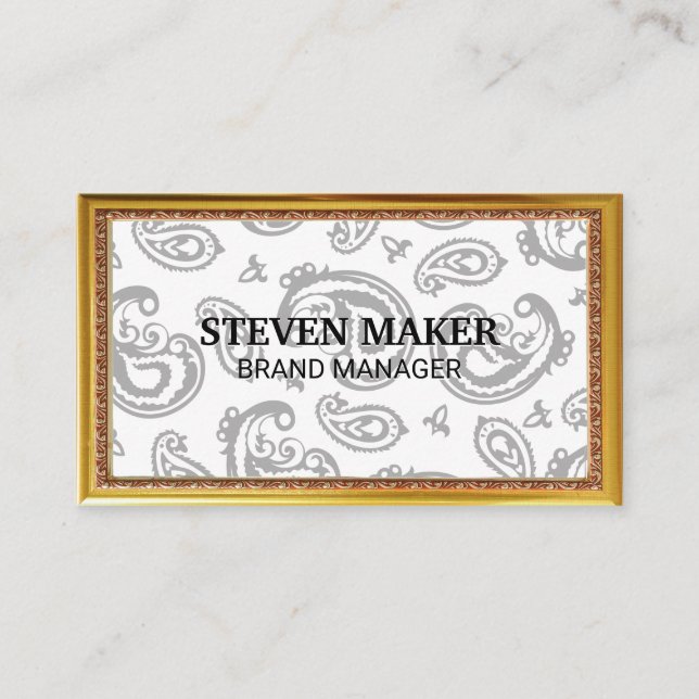 Gold Antique Border | Black Paisley Flower Pattern Business Card (Front)