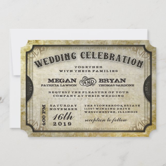Gold Antique Ticket Wedding Celebration Invitation (Front)