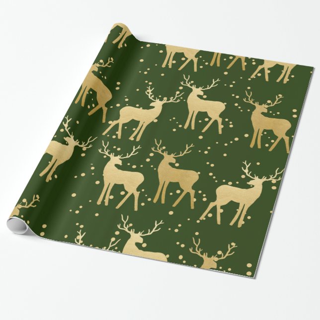 Gold Antler Reindeer Elegant Green | Polka Dots Wrapping Paper (Unrolled)