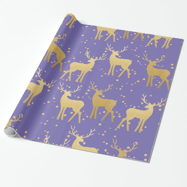 Gold Antler Reindeer Elegant Periwinkle Polka Dots Wrapping Paper (Unrolled)