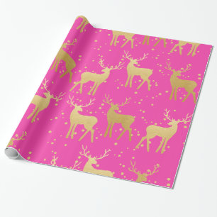 Gold Antler Reindeer Elegant Pink Polka Dots Wrapping Paper