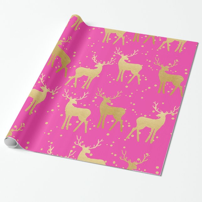 Gold Antler Reindeer Elegant Pink Polka Dots Wrapping Paper (Unrolled)