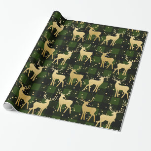 Gold Antler Reindeer Green   Buffalo Plaid Pattern Wrapping Paper
