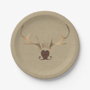 Gold Antlers & Brown Paper Rustic Wedding Paper Plate