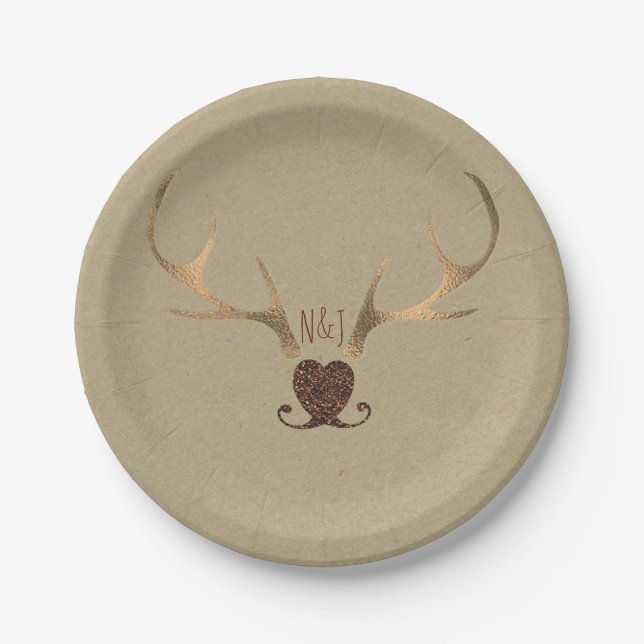 Gold Antlers & Brown Paper Rustic Wedding Paper Plate (Front)