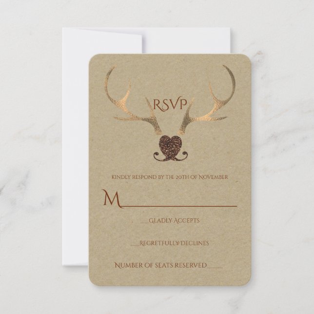 Gold Antlers & Brown Paper Rustic Wedding RSVP Card (Front)