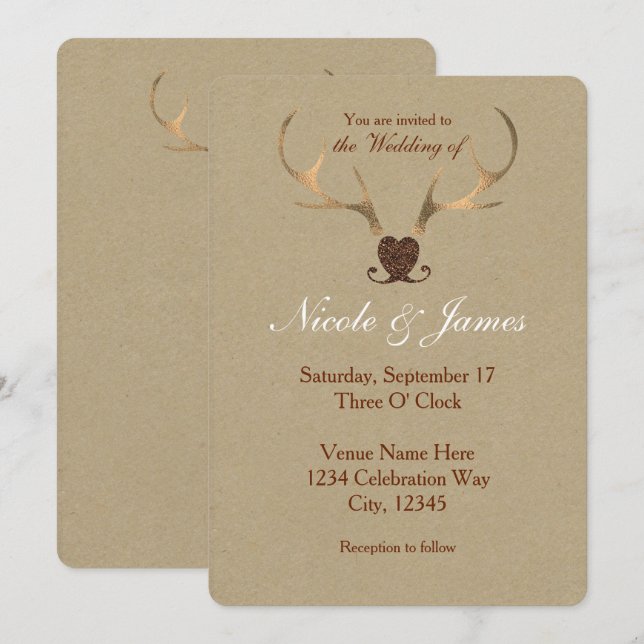 Gold Antlers & Brown Paper Wedding Invitations (Front/Back)
