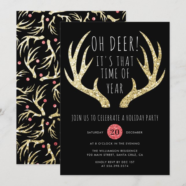 Gold Antlers Christmas Holiday Party Invitation (Front/Back)