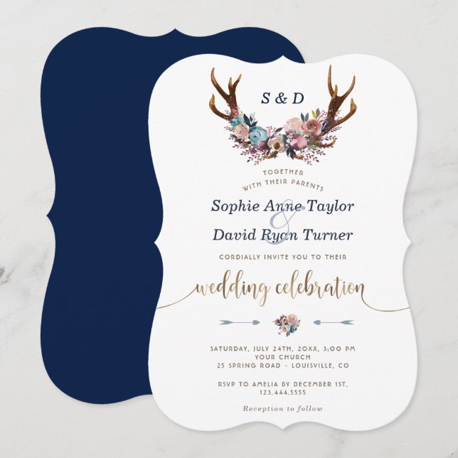 Gold Antlers Dusty Blue Floral Wedding Invite (Front/Back)