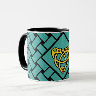Gold/aqua/black bands/weave, Celtic heart knot Mug
