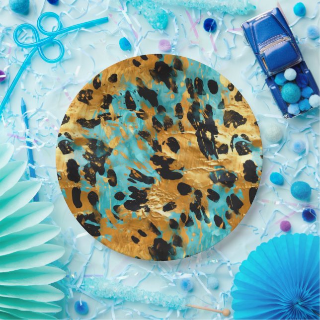 Gold Aqua Black Leopard Animal  Paper Plate (Party)