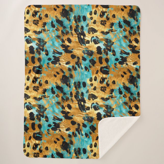 Gold Aqua Black Leopard Animal  Sherpa Blanket (Front)