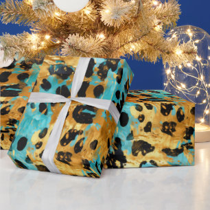 Gold Aqua Black Leopard Animal  Wrapping Paper