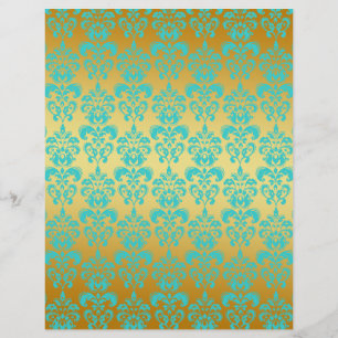 Gold, Aqua Blue Damask Pattern 2