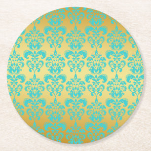 Gold, Aqua Blue Damask Pattern 2 Round Paper Coaster
