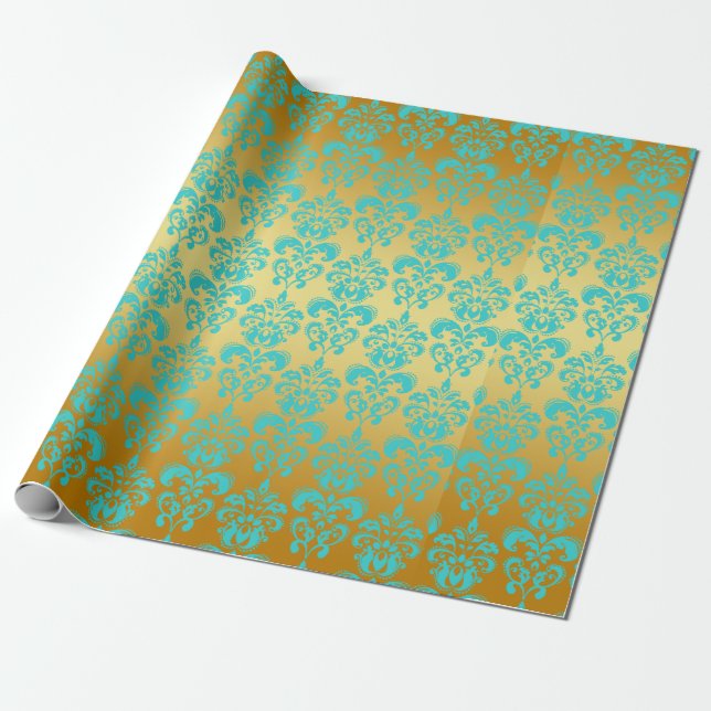 Gold, Aqua Blue Damask Pattern 2 Wrapping Paper (Unrolled)