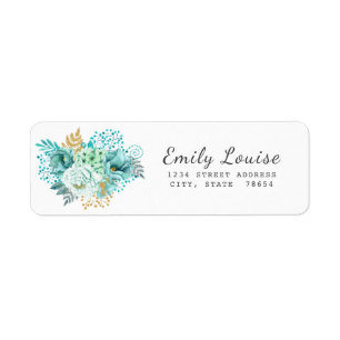 Gold Aqua Blue Floral Return Address Label