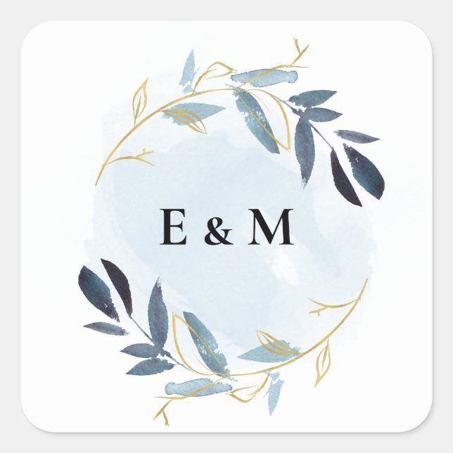 GOLD AQUA BLUE FOLIAGE WATERCOLOR WREATH WEDDING SQUARE STICKER (Front)