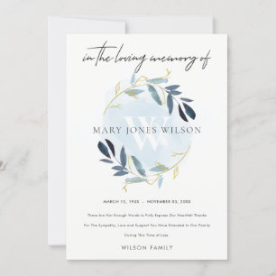 GOLD AQUA BLUE FOLIAGE WREATH SYMPATHY MEMORIAL THANK YOU CARD