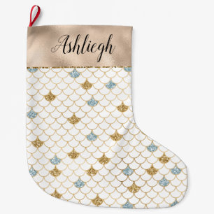 Gold Aqua Blue Glitter Mermaid Large Christmas Stocking