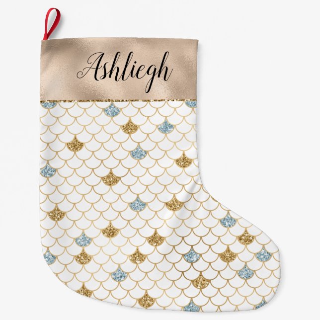 Gold Aqua Blue Glitter Mermaid Large Christmas Stocking (Front)