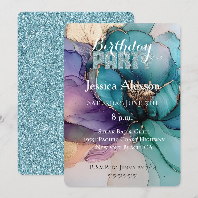 Gold Aqua Blue Glitter Purple Flower Birthday  Invitation (Front/Back)