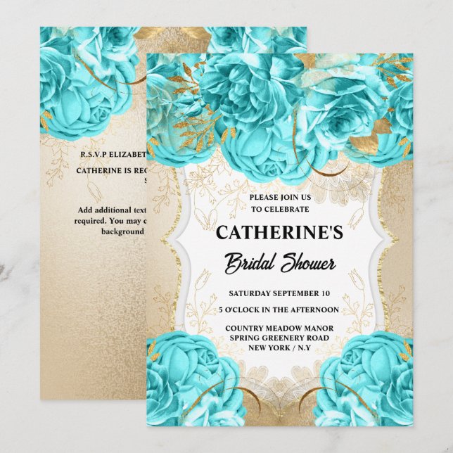 Gold aqua blue rose watercolor bridal shower chic invitation (Front/Back)