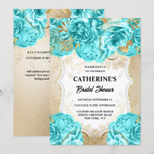 Gold aqua blue rose watercolor bridal shower chic invitation