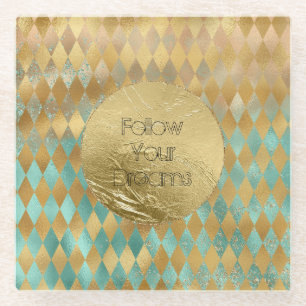 Gold Aqua Diamonds Dream Glass Coaster