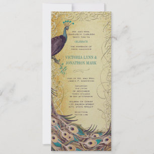 Gold Aqua Eggplant Art Nouveau Peacock Wedding Invitation