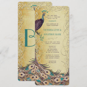 Gold Aqua Eggplant Art Nouveau Peacock Wedding Invitation