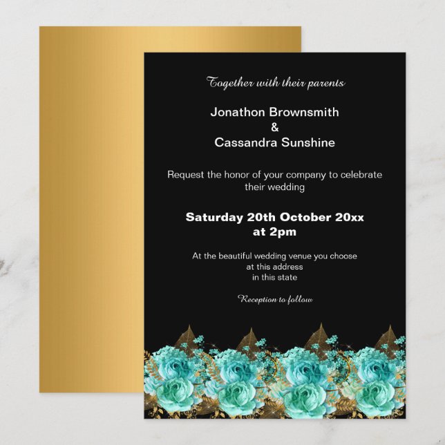 Gold Aqua Floral Wedding Black Background Invitation (Front/Back)