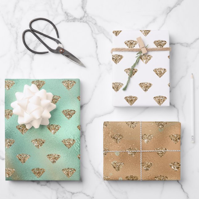 Gold Aqua Glam Glitter Diamonds  Wrapping Paper Sheet (Front)