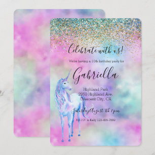 Gold Aqua Glitter Purple White Unicorn Sparkle Invitation