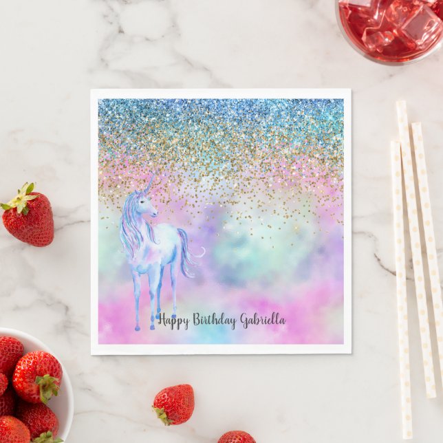 Gold Aqua Glitter Purple White Unicorn Sparkle    Napkin (Insitu)