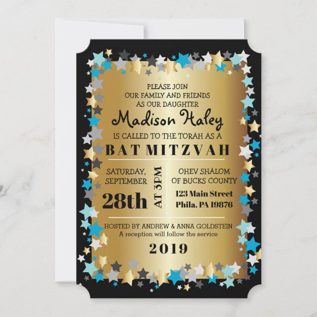 GOLD Aqua Gold Stars Bar Bat Mitzvah Invitation (Front)