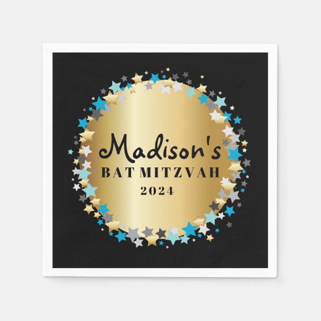 GOLD Aqua Gold Stars Bar Bat Mitzvah Napkin (Front)