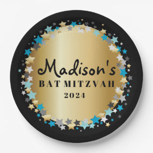 GOLD Aqua Gold Stars Bar Bat Mitzvah Plate