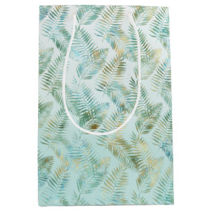 Gold Aqua Green Tropical Leaves Medium Gift Bag